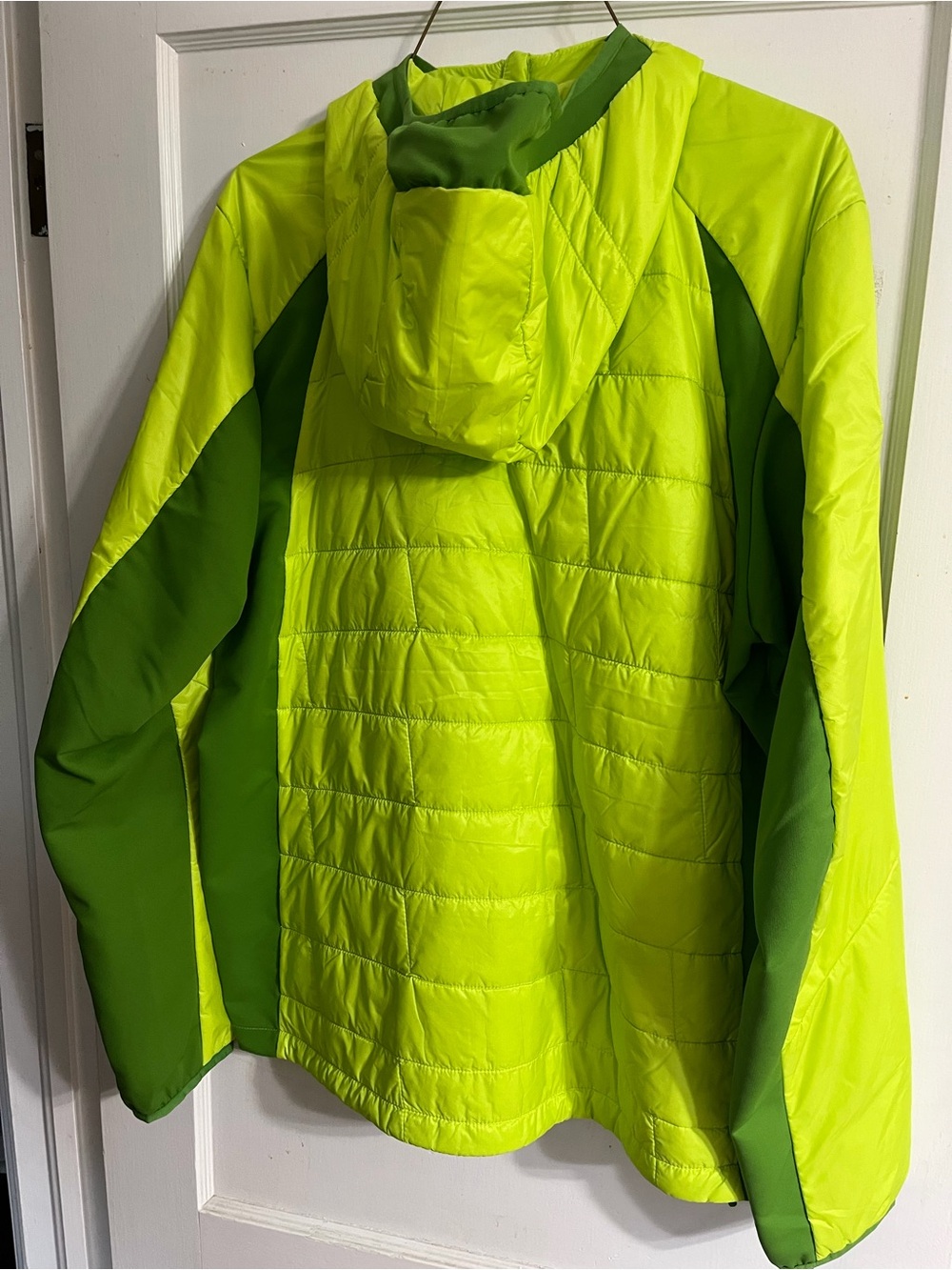 Outdoor Research Lime and Dark Green Hooded Puffer Jacket